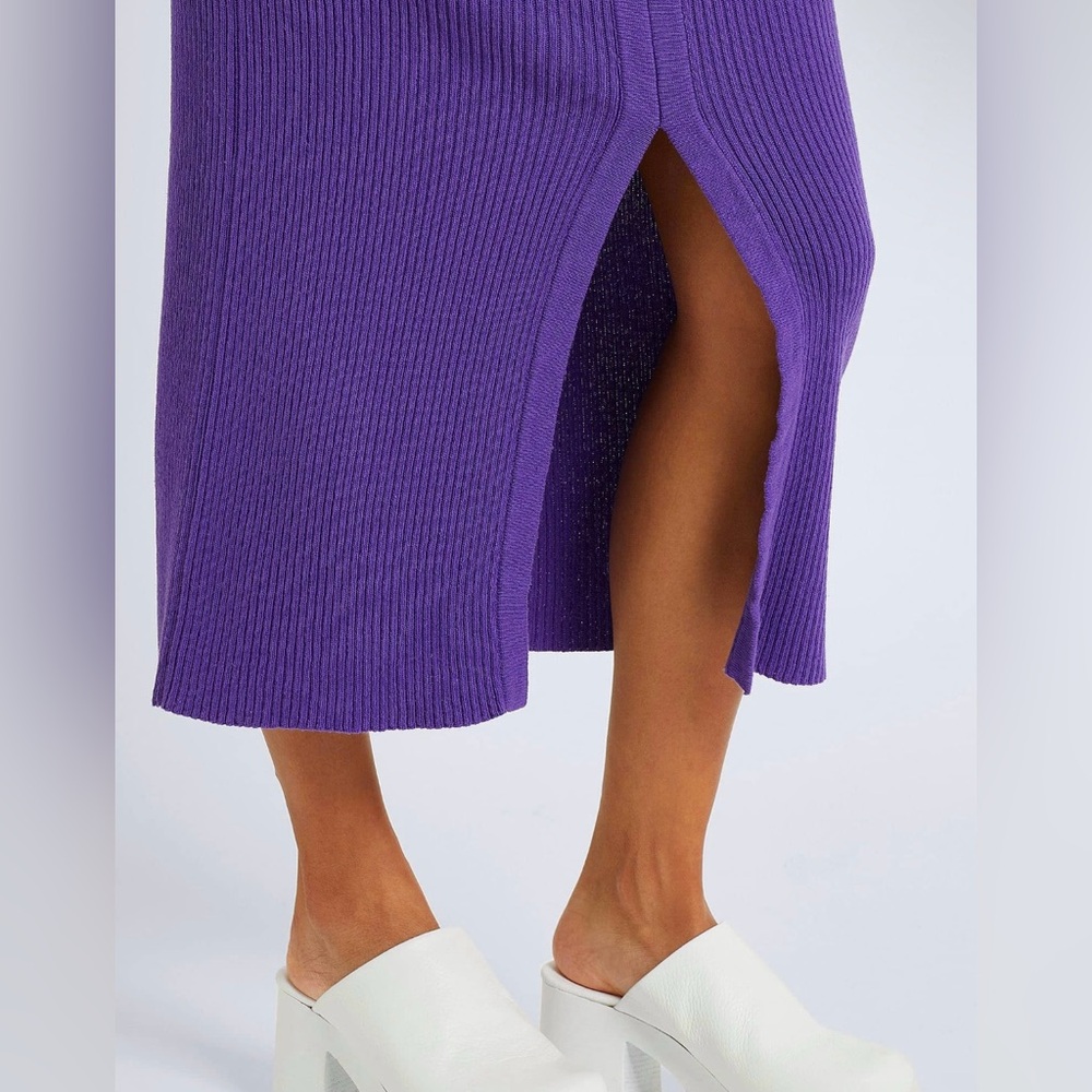 Yoox Ribbed Bodycon High-Waist Purple Front Slit Midi Modest Sweater Skirt Sz S View 4